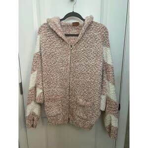 POL Women's Pink White Nubby Batwing Oversized Hooded Zipper Knit Cardigan S